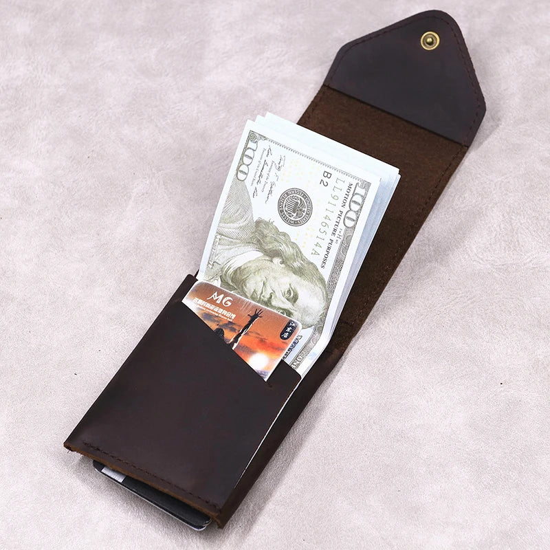 100% Genuine Leather Wallet For Men Male Original Cowhide Slim Minimalist Front Pocket Cash Wallet Card Holder With Flap Closure