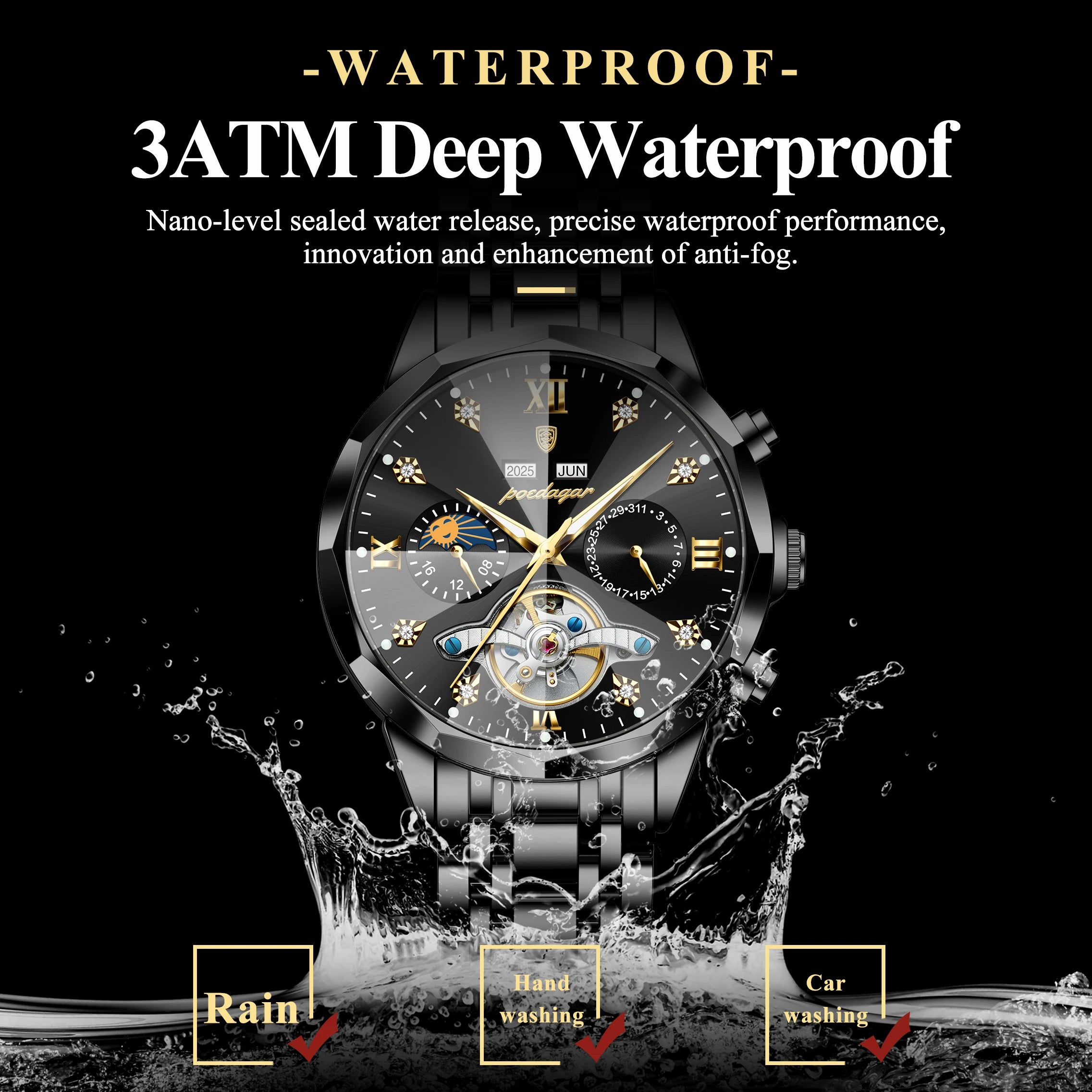 POEDAGAR Top Luxury Men's Watches Original Mechanical Stainless Steel Men Clock Waterproof Hollow Tourbillon Automatic Man Watch