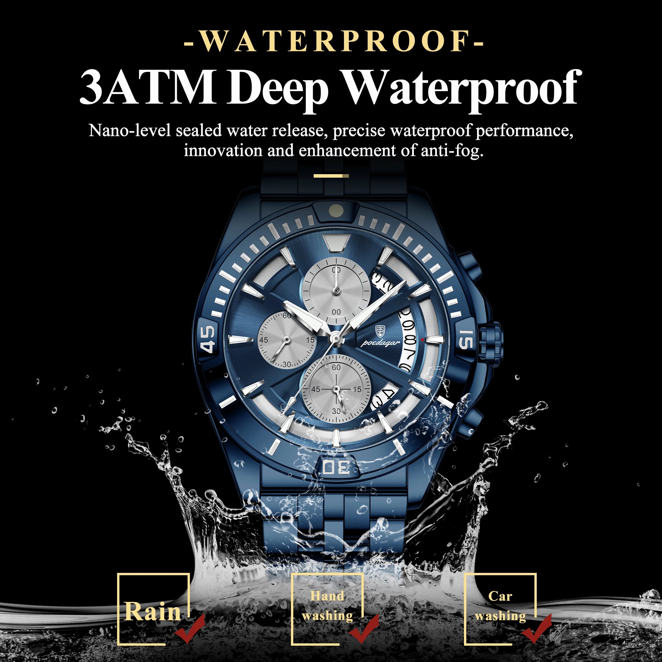 POEDAGAR Original Fashion Men Clock Waterproof Luminous Chronograph Date Watch For Man Stainless Steel Quartz Men's Watches Male