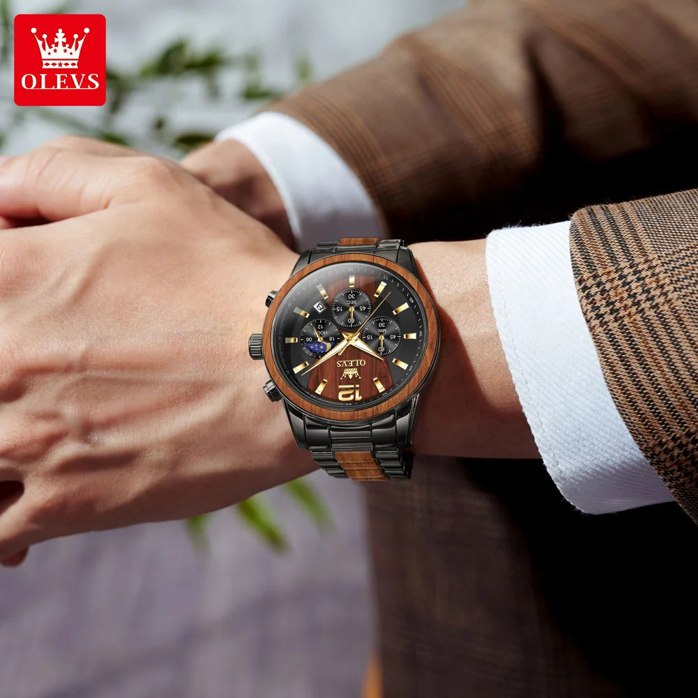 OLEVS 3645 Quartz Watch For Men Fashion Chronograph Steel Wood 44mm Big Dial Hand Clock Moon Phase Waterproof Luminous Man Watch