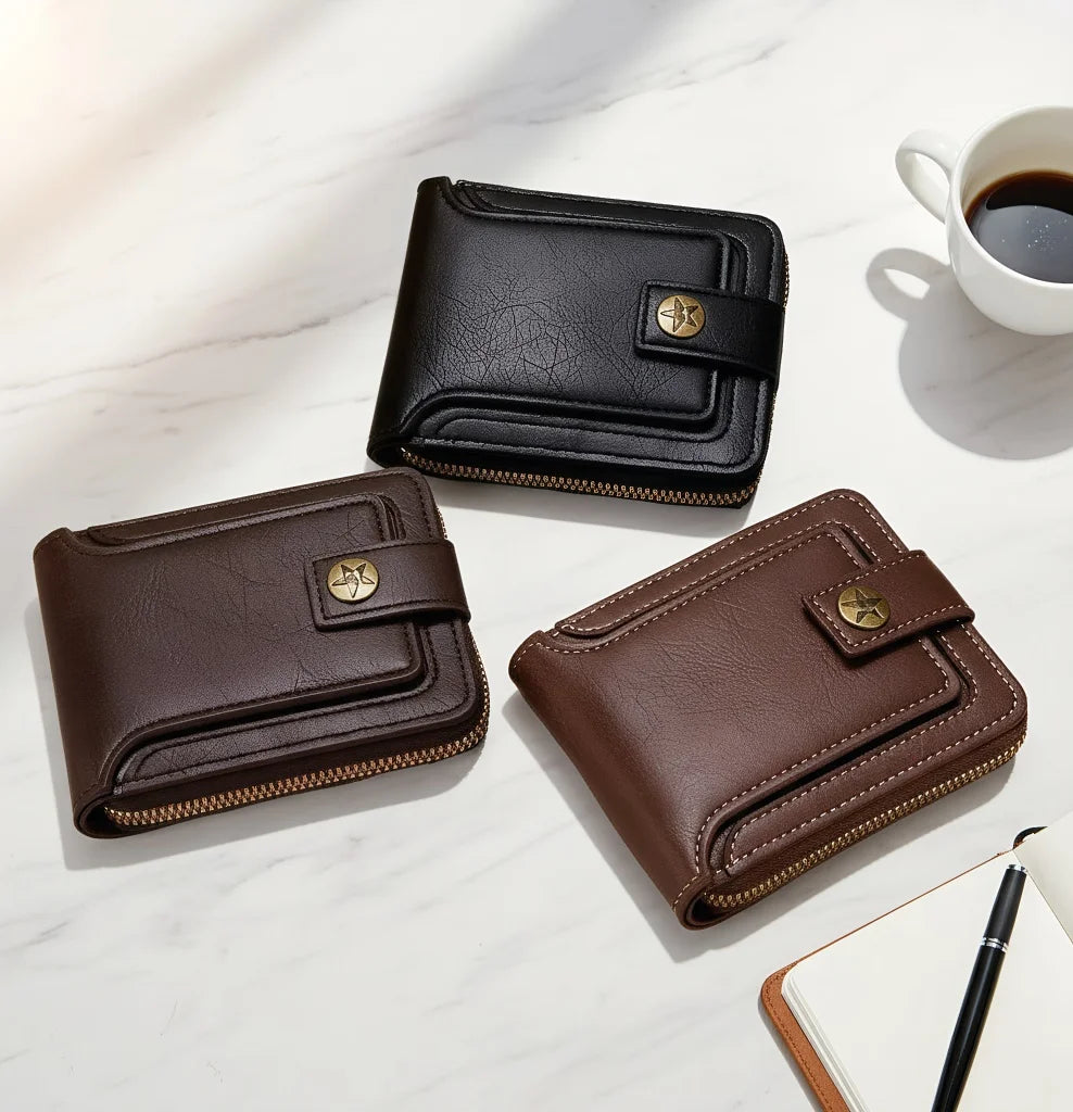 Mens Wallet PU Leather Wallet for Men Mini Portable Bifold Wallet with Zipper Buckle Multiple Compartments Credit Card Holder
