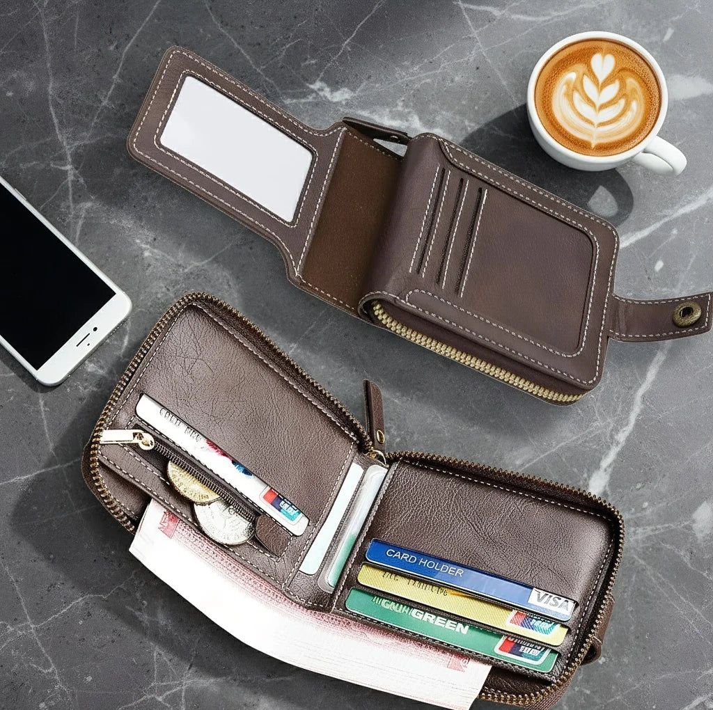 Mens Wallet PU Leather Wallet for Men Mini Portable Bifold Wallet with Zipper Buckle Multiple Compartments Credit Card Holder