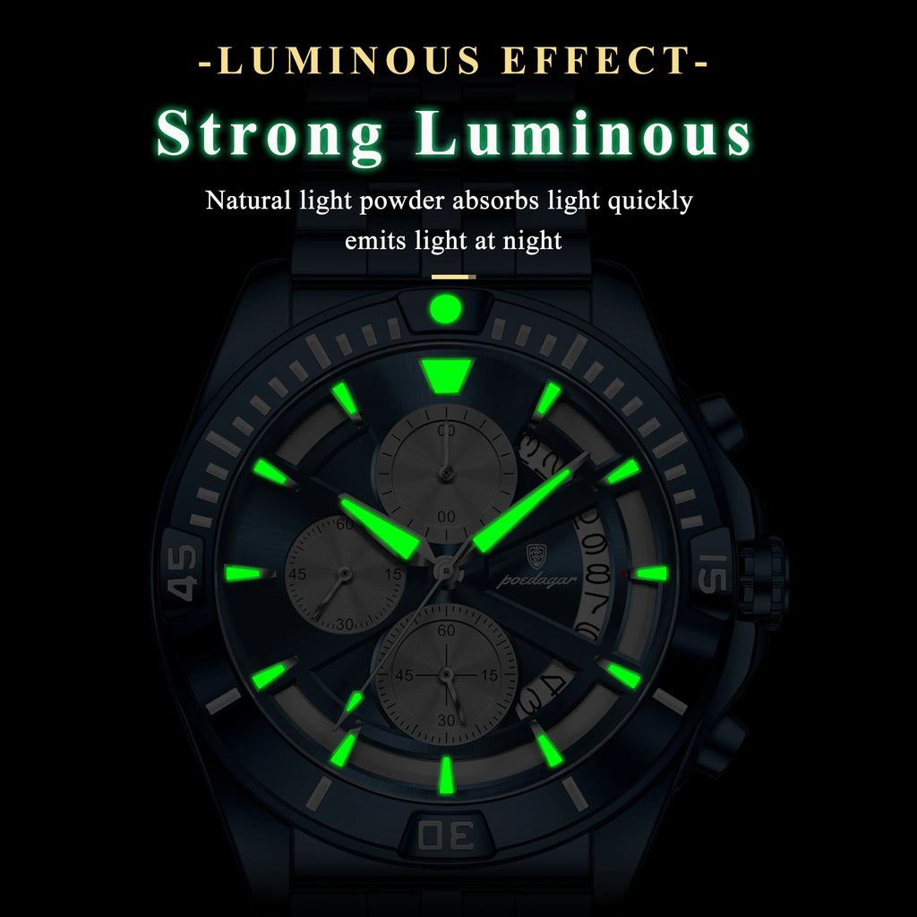 POEDAGAR Original Fashion Men Clock Waterproof Luminous Chronograph Date Watch For Man Stainless Steel Quartz Men's Watches Male
